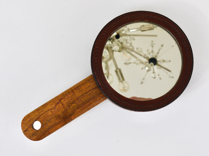 Carl Aubock Walnut & Leather Hand Mirror & Clothes Brush, Austria, 1950s
