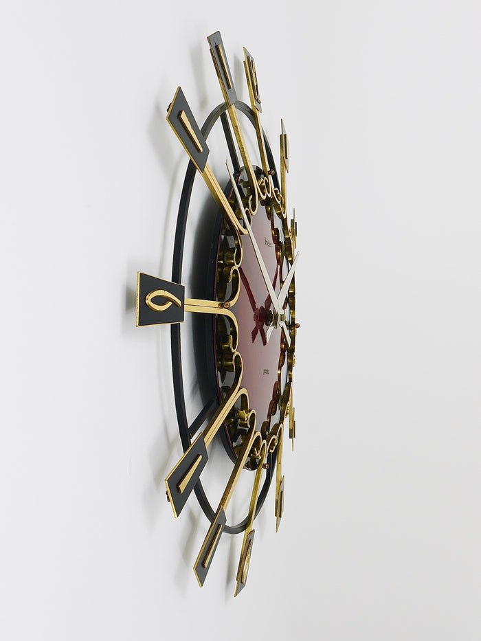Large Mid-Century Junghans Sunburst Brutalist Brass Wall Clock, Germany, 1950s