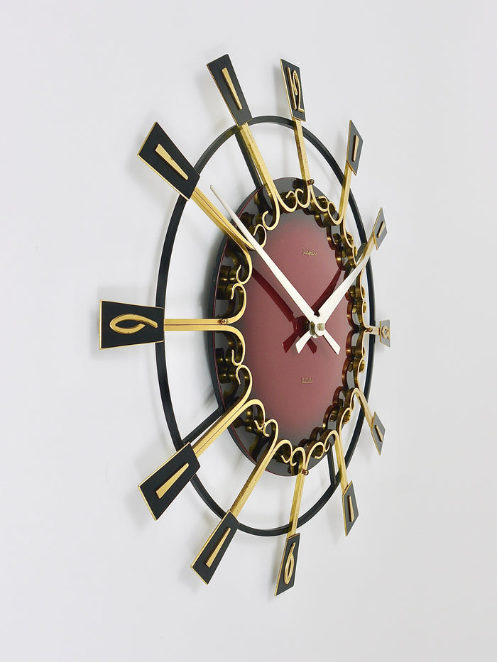 Large Mid-Century Junghans Sunburst Brutalist Brass Wall Clock, Germany, 1950s