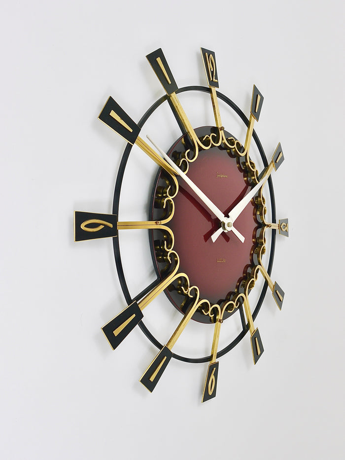 Large Mid-Century Junghans Sunburst Brutalist Brass Wall Clock, Germany, 1950s