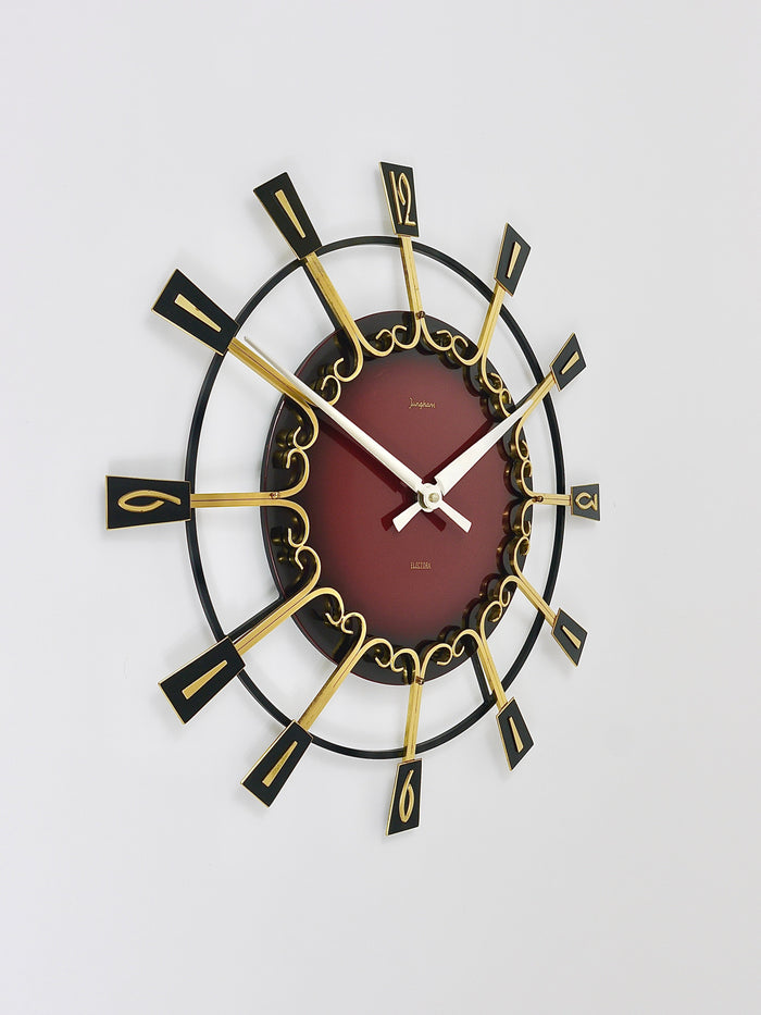 Large Mid-Century Junghans Sunburst Brutalist Brass Wall Clock, Germany, 1950s