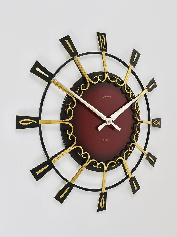 Large Mid-Century Junghans Sunburst Brutalist Brass Wall Clock, Germany, 1950s