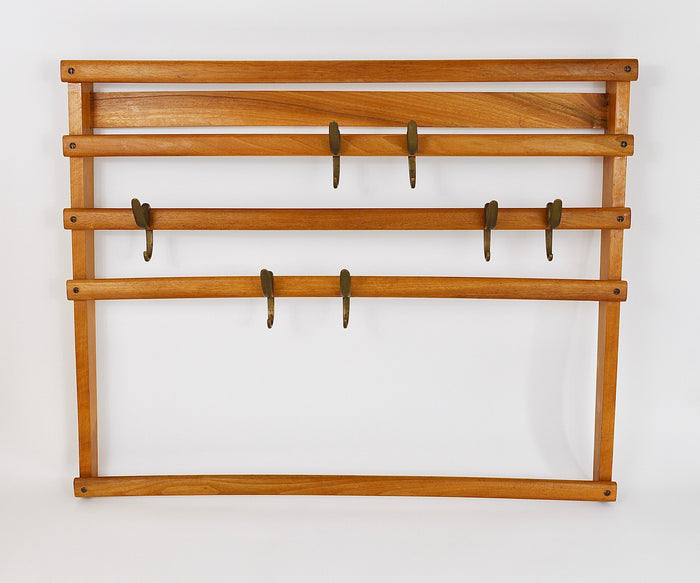 Carl Auböck Mid-Century Coat Rack Beech Wardrobe with 7 Brass Hooks, 1950s
