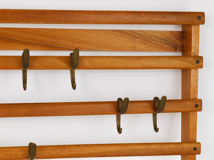 Carl Auböck Mid-Century Coat Rack Beech Wardrobe with 7 Brass Hooks, 1950s