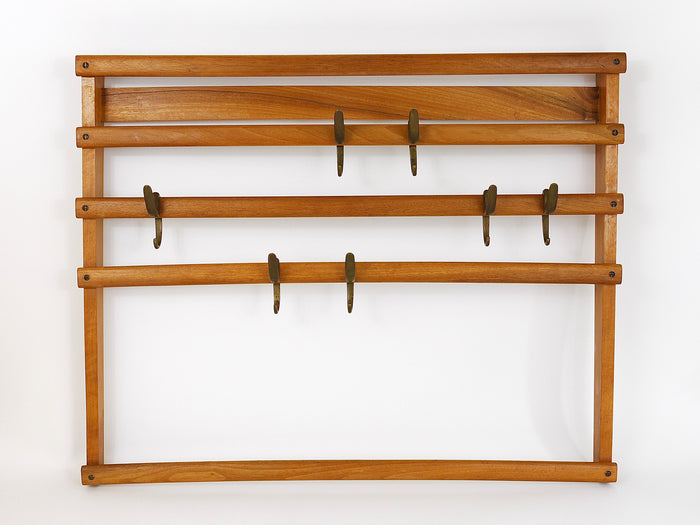 Carl Auböck Mid-Century Coat Rack Beech Wardrobe with 7 Brass Hooks, 1950s