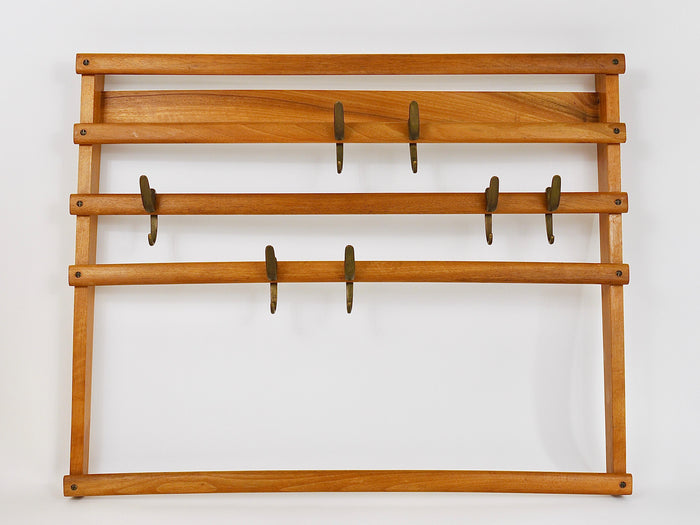 Carl Auböck Mid-Century Coat Rack Beech Wardrobe with 7 Brass Hooks, 1950s