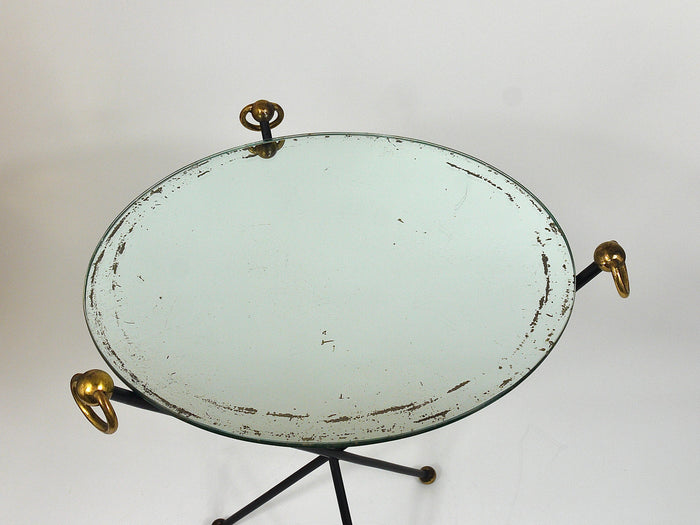 French Mid-Century Modern Mirror Side Table, Jacques Adnet Style, Brass, 1950s