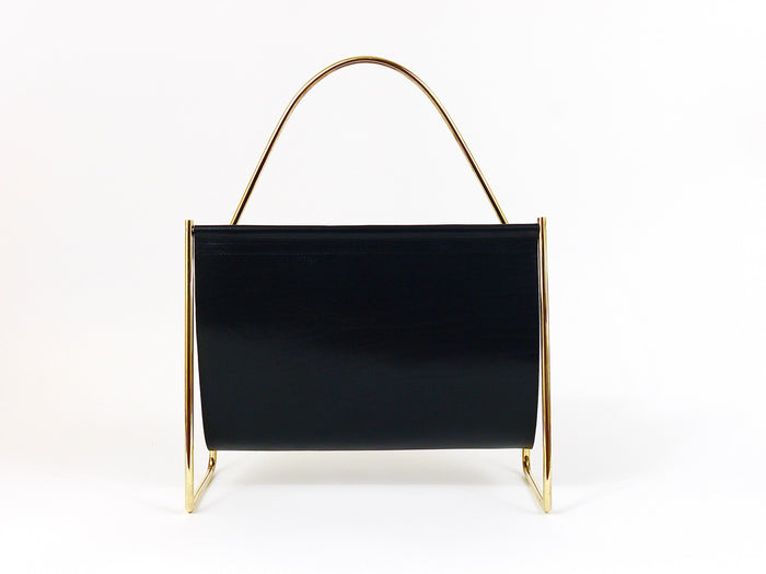 Austrian Modernist Midcentury Magazine Rack, Brass and Black Leather