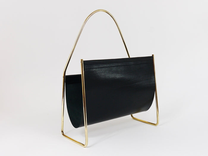 Austrian Modernist Midcentury Magazine Rack, Brass and Black Leather