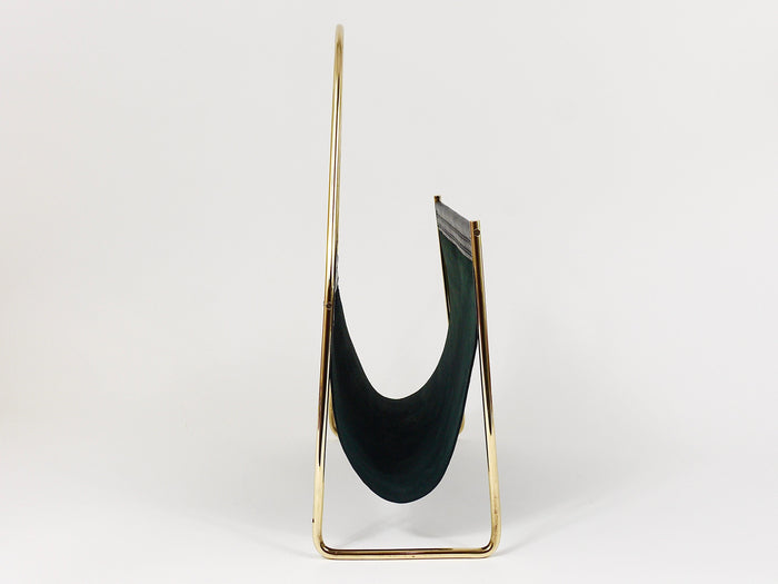 Austrian Modernist Midcentury Magazine Rack, Brass and Black Leather