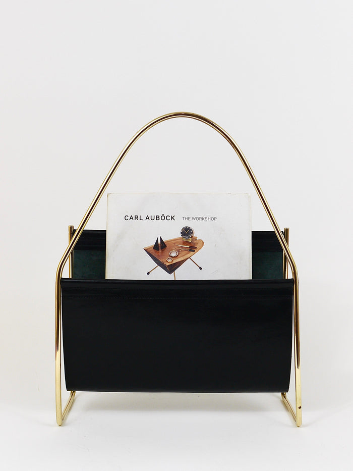 Austrian Modernist Midcentury Magazine Rack, Brass and Black Leather
