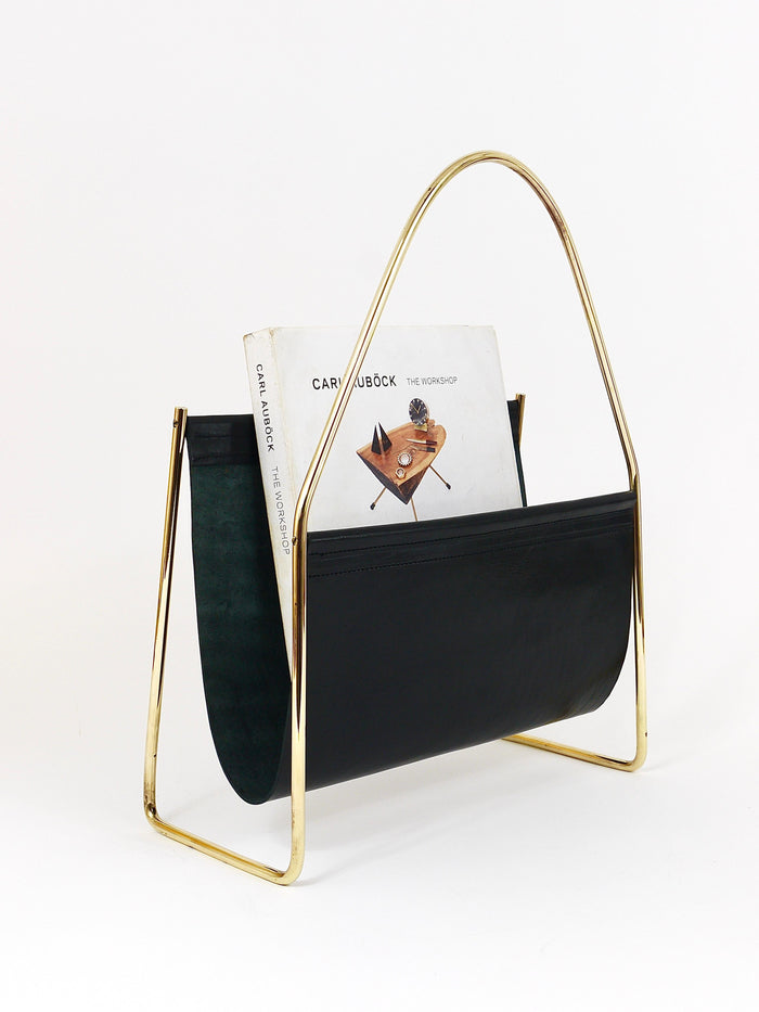 Austrian Modernist Midcentury Magazine Rack, Brass and Black Leather