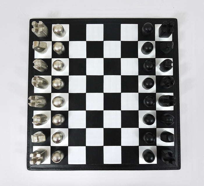 Carl Aubock Modernist Cast Iron Chess Game Set with Handmade Leather Board