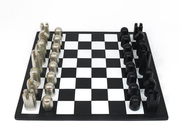 Carl Aubock Modernist Cast Iron Chess Game Set with Handmade Leather Board