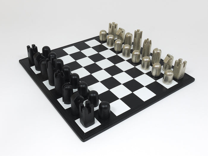 Carl Aubock Modernist Cast Iron Chess Game Set with Handmade Leather Board
