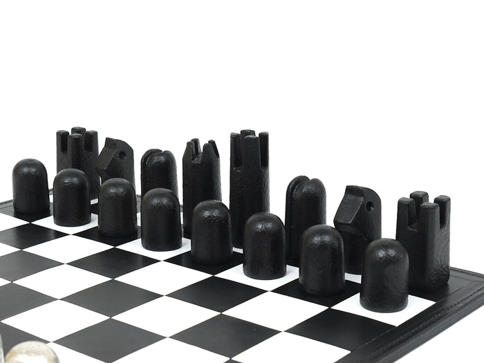 Carl Aubock Modernist Cast Iron Chess Game Set with Handmade Leather Board