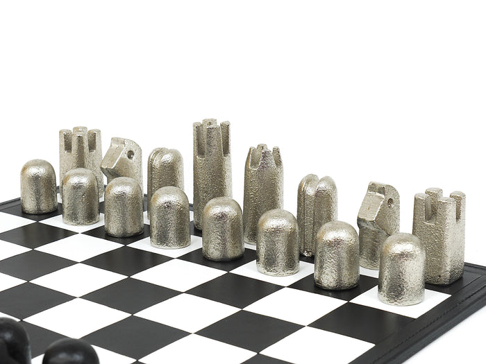 Carl Aubock Modernist Cast Iron Chess Game Set with Handmade Leather Board