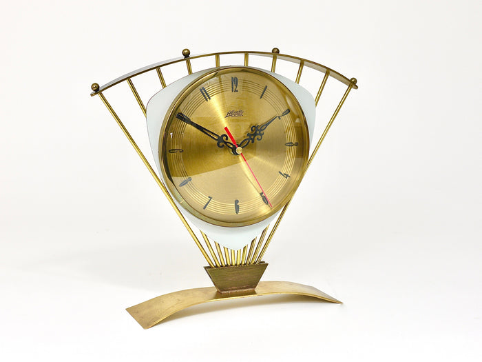 Atlanta Midcentury Atomic Age Sunburst Brass Table Desk Clock, Western Germany