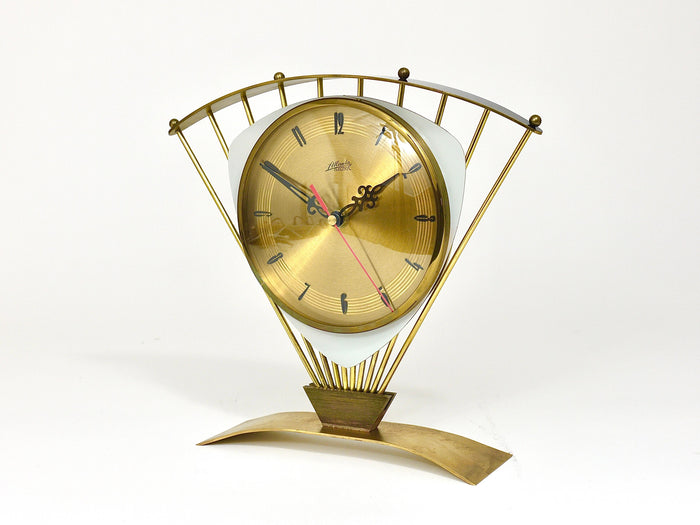 Atlanta Midcentury Atomic Age Sunburst Brass Table Desk Clock, Western Germany