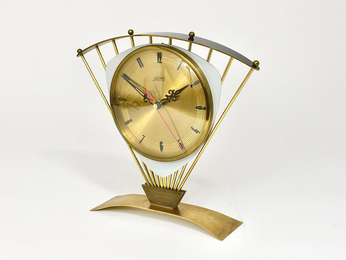 Atlanta Midcentury Atomic Age Sunburst Brass Table Desk Clock, Western Germany