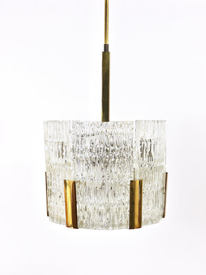 Lampadario Kalmar Tambour a tamburo, ottone, vetro ghiaccio lavorato, Austria, anni 1960