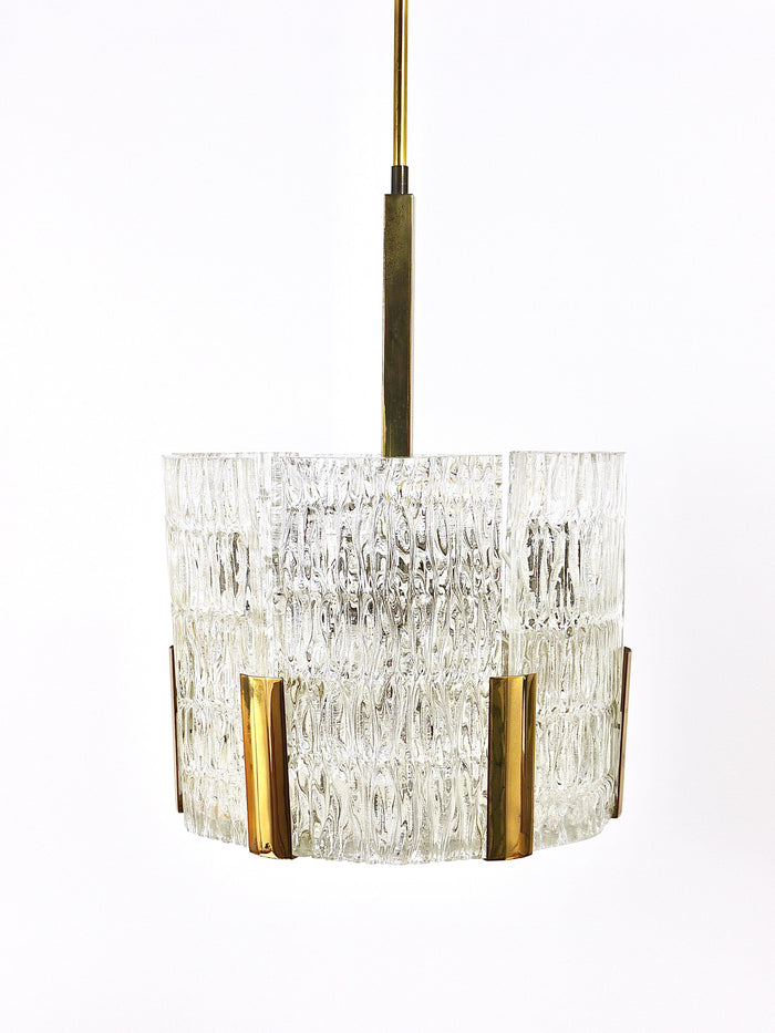 Kalmar Tambour Drum Chandelier, Brass, Textured Ice Glass, Austria, 1960s