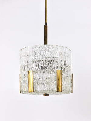 Lampadario Kalmar Tambour a tamburo, ottone, vetro ghiaccio lavorato, Austria, anni 1960
