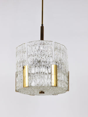 Lampadario Kalmar Tambour a tamburo, ottone, vetro ghiaccio lavorato, Austria, anni 1960