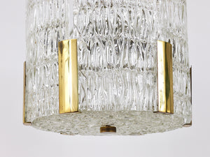 Lampadario Kalmar Tambour a tamburo, ottone, vetro ghiaccio lavorato, Austria, anni 1960