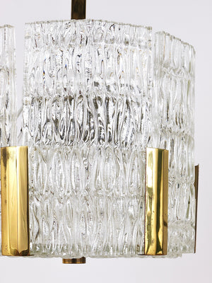 Lampadario Kalmar Tambour a tamburo, ottone, vetro ghiaccio lavorato, Austria, anni 1960