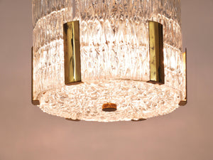 Lampadario Kalmar Tambour a tamburo, ottone, vetro ghiaccio lavorato, Austria, anni 1960
