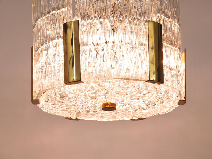 Kalmar Tambour Drum Chandelier, Brass, Textured Ice Glass, Austria, 1960s