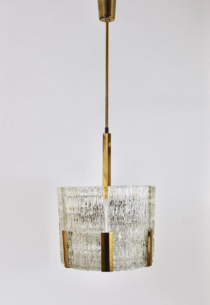 Lampadario Kalmar Tambour a tamburo, ottone, vetro ghiaccio lavorato, Austria, anni 1960