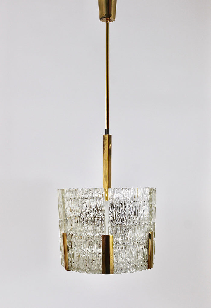 Kalmar Tambour Drum Chandelier, Brass, Textured Ice Glass, Austria, 1960s