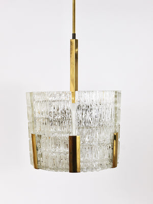 Lampadario Kalmar Tambour a tamburo, ottone, vetro ghiaccio lavorato, Austria, anni 1960