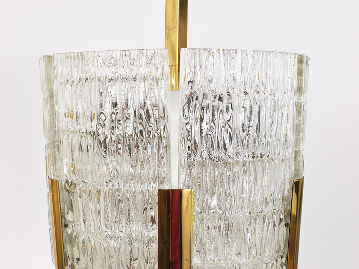 Kalmar Tambour Drum Chandelier, Brass, Textured Ice Glass, Austria, 1960s