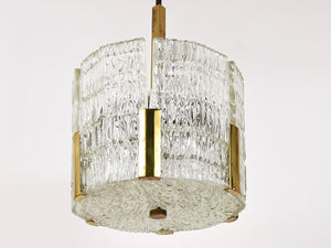 Lampadario Kalmar Tambour a tamburo, ottone, vetro ghiaccio lavorato, Austria, anni 1960