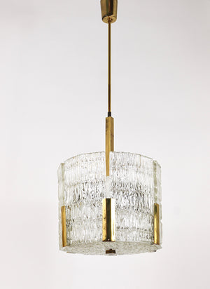 Lampadario Kalmar Tambour a tamburo, ottone, vetro ghiaccio lavorato, Austria, anni 1960