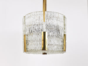 Lampadario Kalmar Tambour a tamburo, ottone, vetro ghiaccio lavorato, Austria, anni 1960