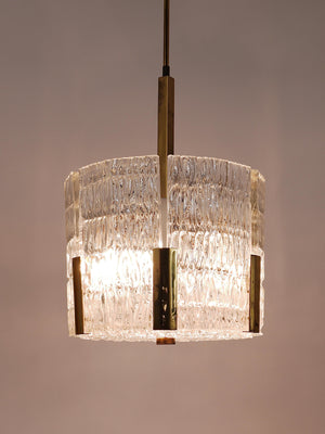 Lampadario Kalmar Tambour a tamburo, ottone, vetro ghiaccio lavorato, Austria, anni 1960