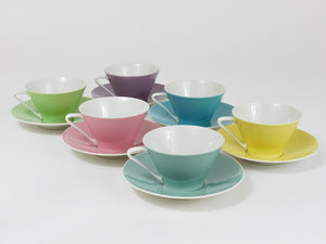 6 Midcentury Pastel Daisy Porcelain Coffee Cups, Lilien, Austria, 1950s