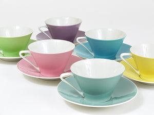 6 Midcentury Pastel Daisy Porcelain Coffee Cups, Lilien, Austria, 1950s