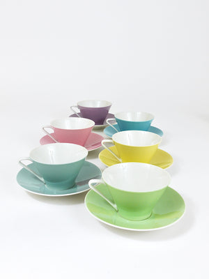 6 Midcentury Pastel Daisy Porcelain Coffee Cups, Lilien, Austria, 1950s
