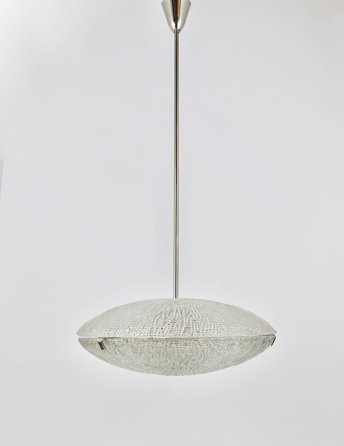 Midcentury Kalmar Discus Textured Glass & Nickel Chandelier, Austria, 1950s