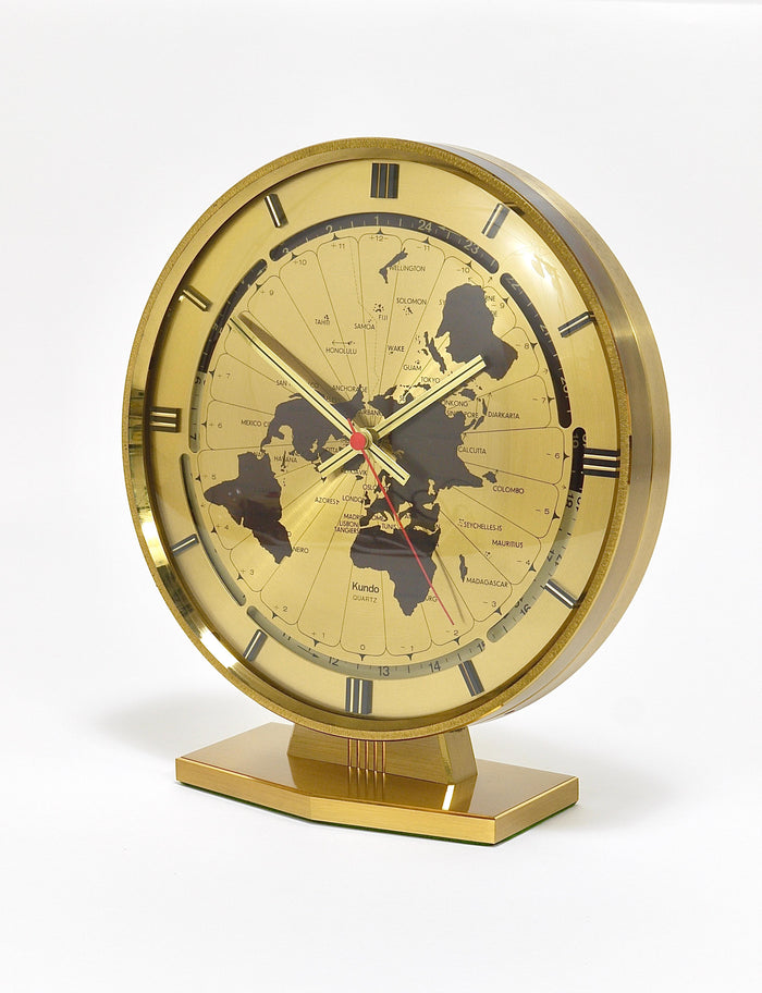 Large Kundo GMT World Time Zone Brass Table Clock, Kieninger & Obergfell, 1960s