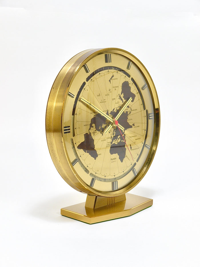 Large Kundo GMT World Time Zone Brass Table Clock, Kieninger & Obergfell, 1960s