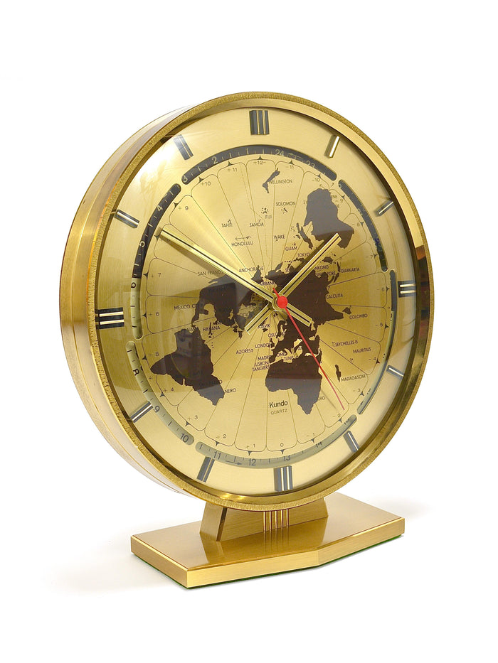 Large Kundo GMT World Time Zone Brass Table Clock, Kieninger & Obergfell, 1960s