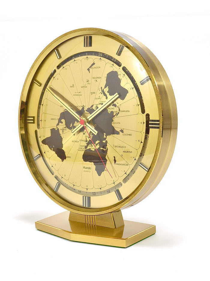 Large Kundo GMT World Time Zone Brass Table Clock, Kieninger & Obergfell, 1960s