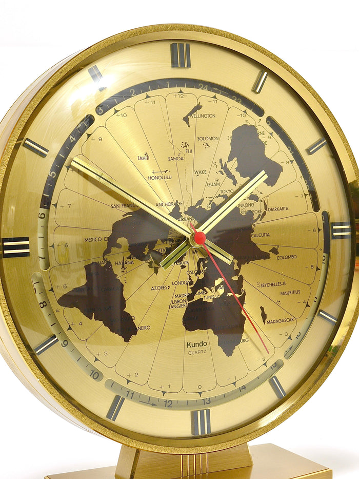 Large Kundo GMT World Time Zone Brass Table Clock, Kieninger & Obergfell, 1960s