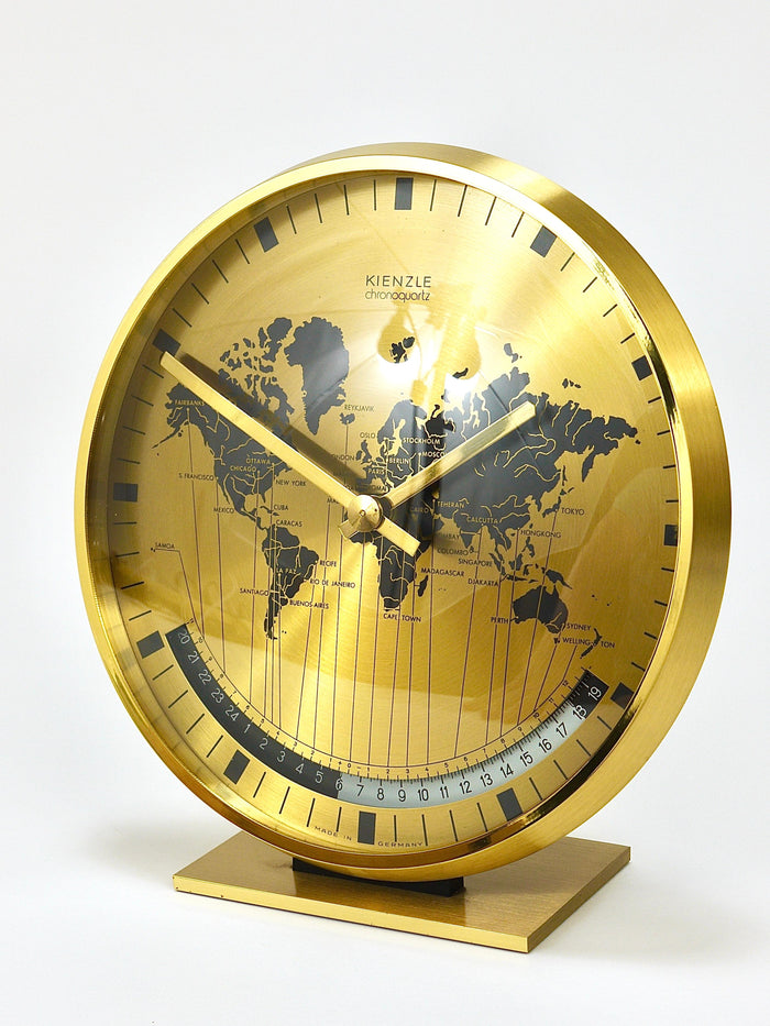 Kienzle GMT World Time Zone Brass Table Clock, Midcentury, Germany, 1960s